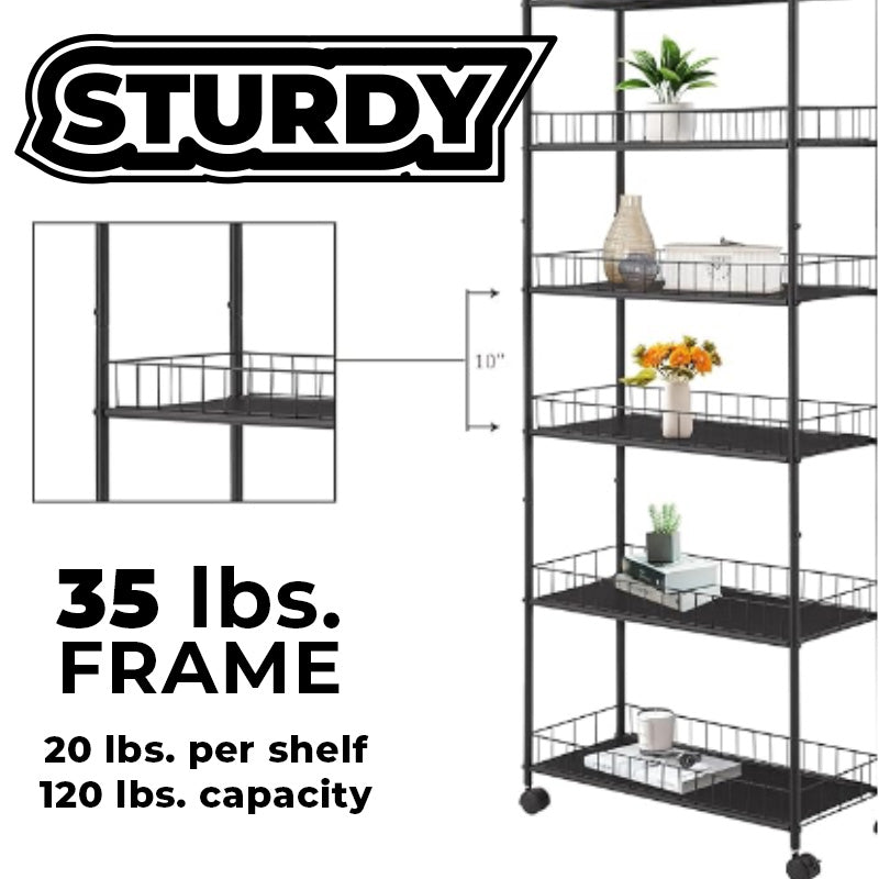 Home Stuff > Furniture > Storage > Tall 6-Tier Cart Sturdy Black Cast Iron Storage Tower with Railings and Wheels for Flex Spaces