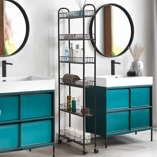 Home Stuff > Furniture > Storage > Tall 6-Tier Cart Sturdy Black Cast Iron Storage Tower with Railings and Wheels for Flex Spaces