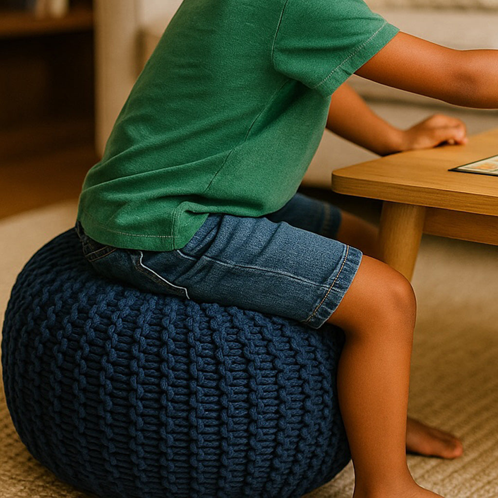 Home Decor Sunny Yellow Kids Seat – Chunky Knit Cotton Seat for Games & Small Spaces