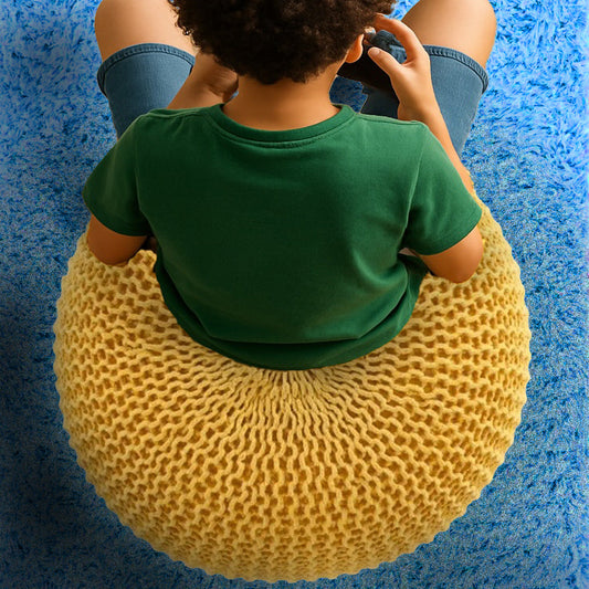 Home Decor Sunny Yellow Kids Seat – Chunky Knit Cotton Seat for Games & Small Spaces