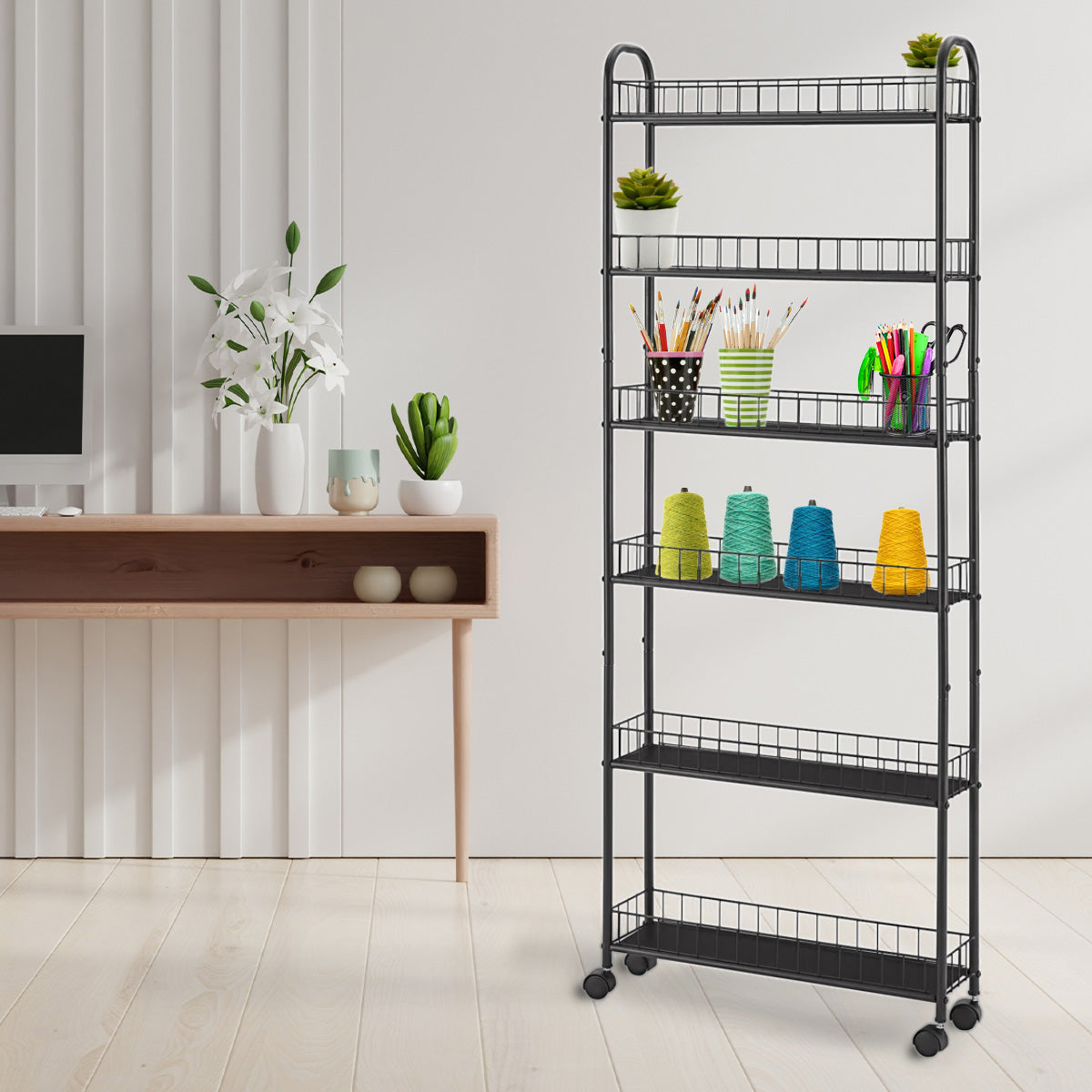 Home Stuff > Furniture > Storage > Tall 6-Tier Cart Sturdy Black Cast Iron Storage Tower with Railings and Wheels for Flex Spaces