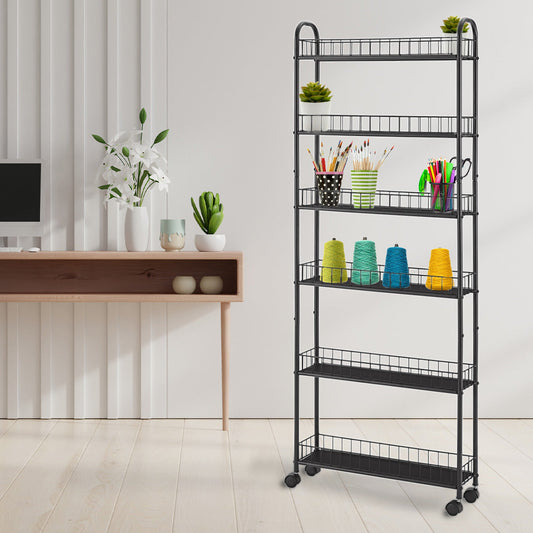Home Stuff > Furniture > Storage > Tall 6-Tier Cart Sturdy Black Cast Iron Storage Tower with Railings and Wheels for Flex Spaces