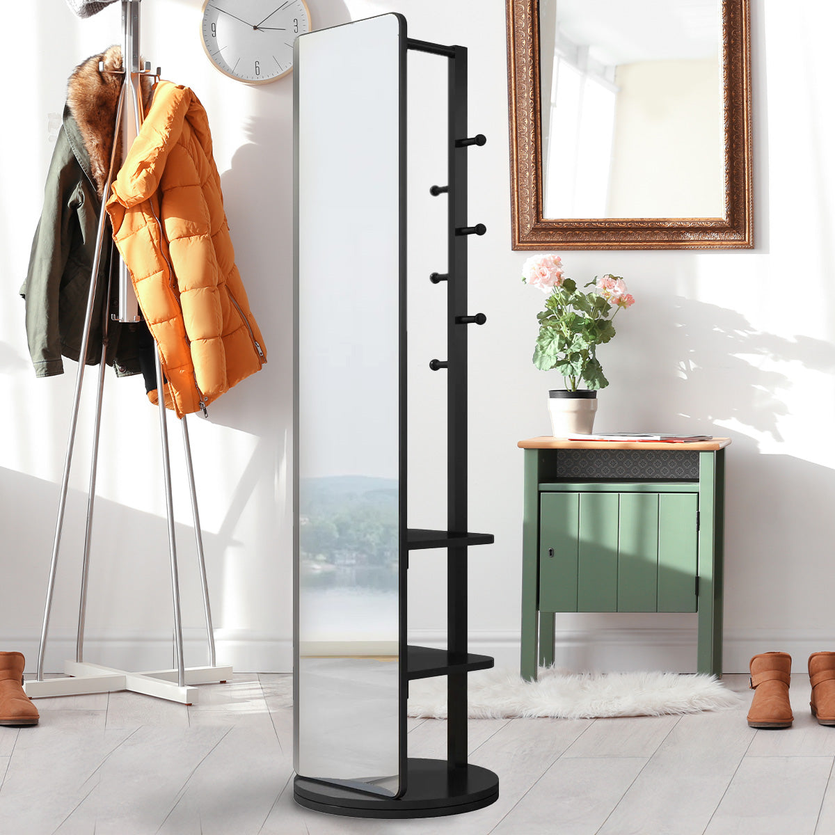 Closet Nerd’s 2-in-1 Dressing Mirror & Organizer | Space-Saving Rotating Stand in Walnut Wood