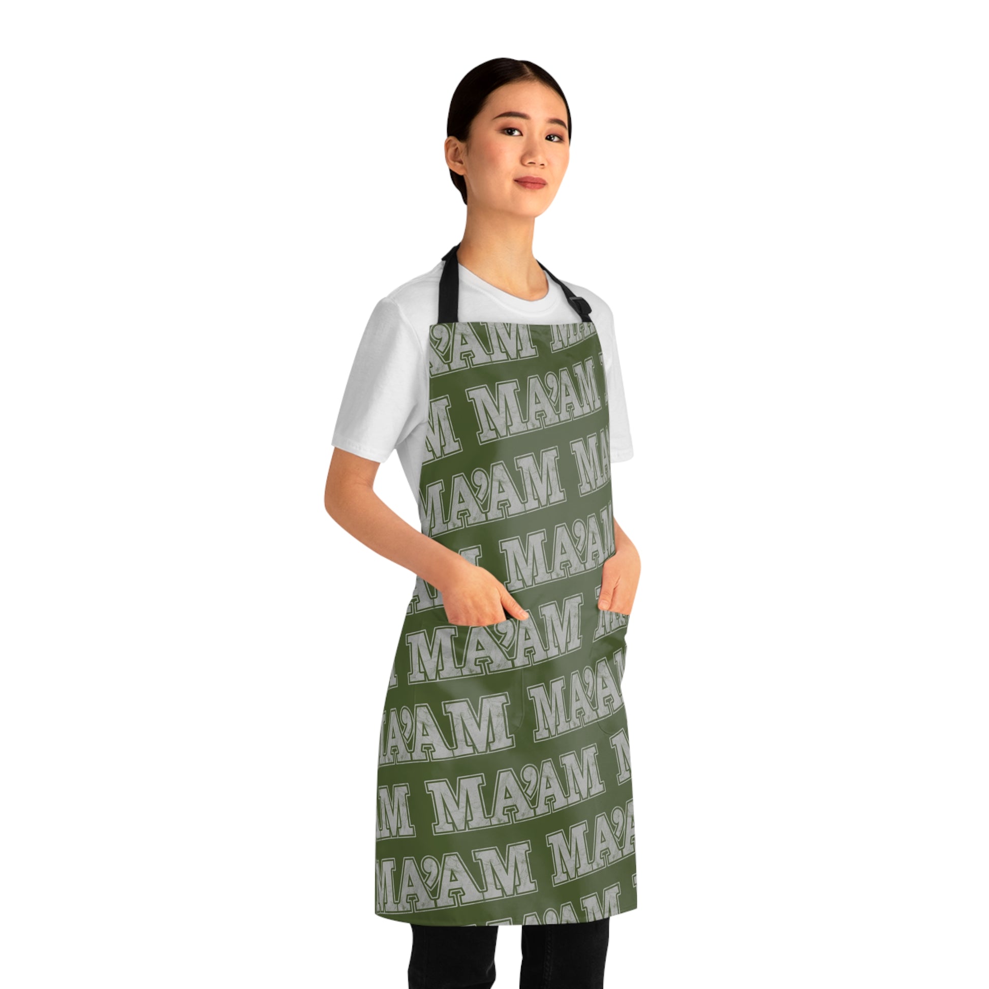 All Over Prints Ma'am Alpha Female Military Nerd Apron | Army Green Distressed Pattern | Commanding Kitchen Gear for Alpha Personalities