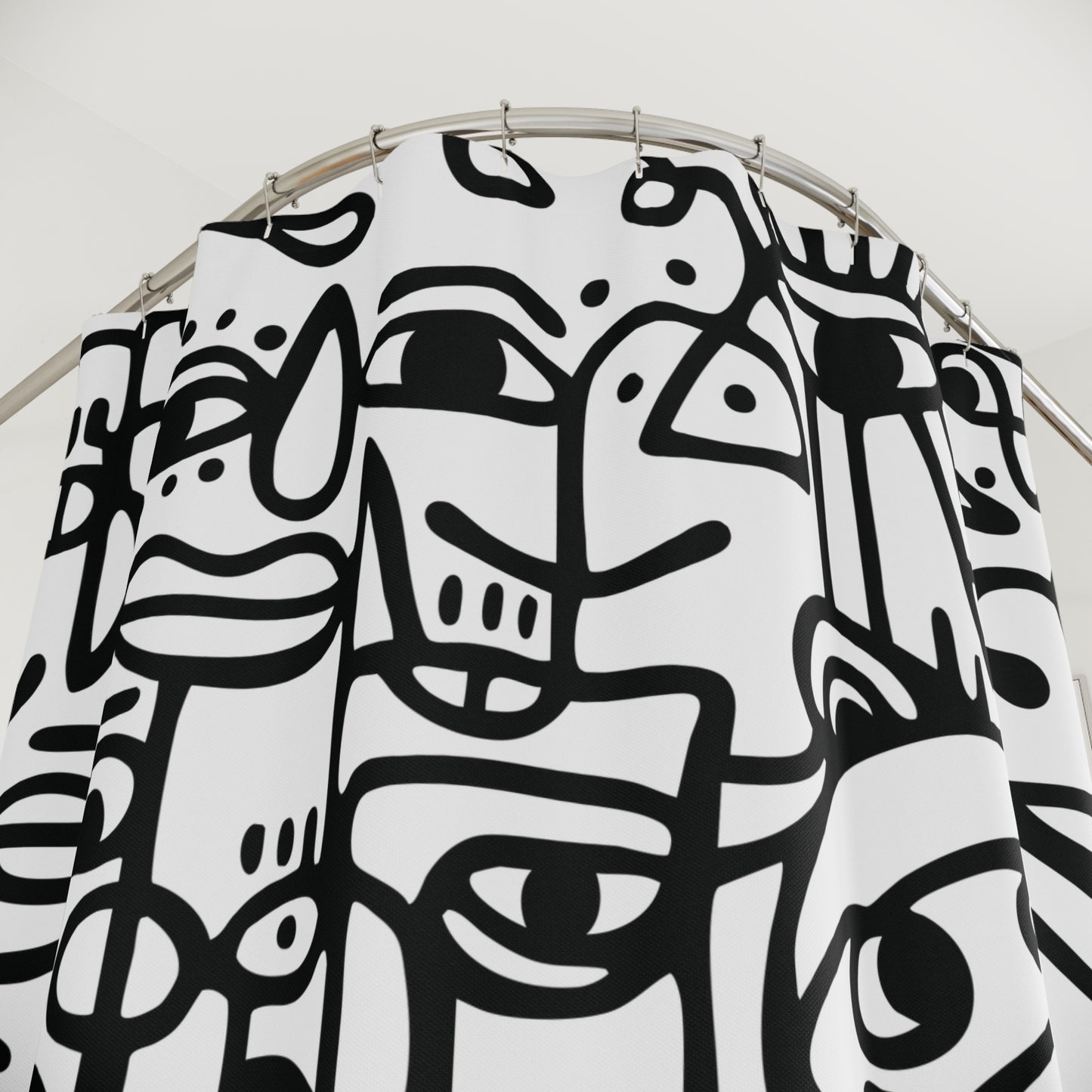 Peopling Fabric Shower Curtain — Abstract Faces Pattern, Quick-Dry Polyester, 12-Ring Holes