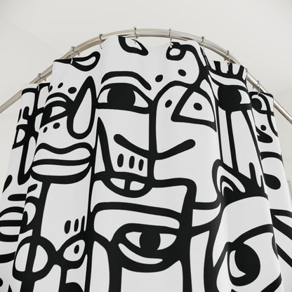 Peopling Fabric Shower Curtain — Abstract Faces Pattern, Quick-Dry Polyester, 12-Ring Holes