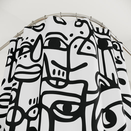 Peopling Fabric Shower Curtain — Abstract Faces Pattern, Quick-Dry Polyester, 12-Ring Holes