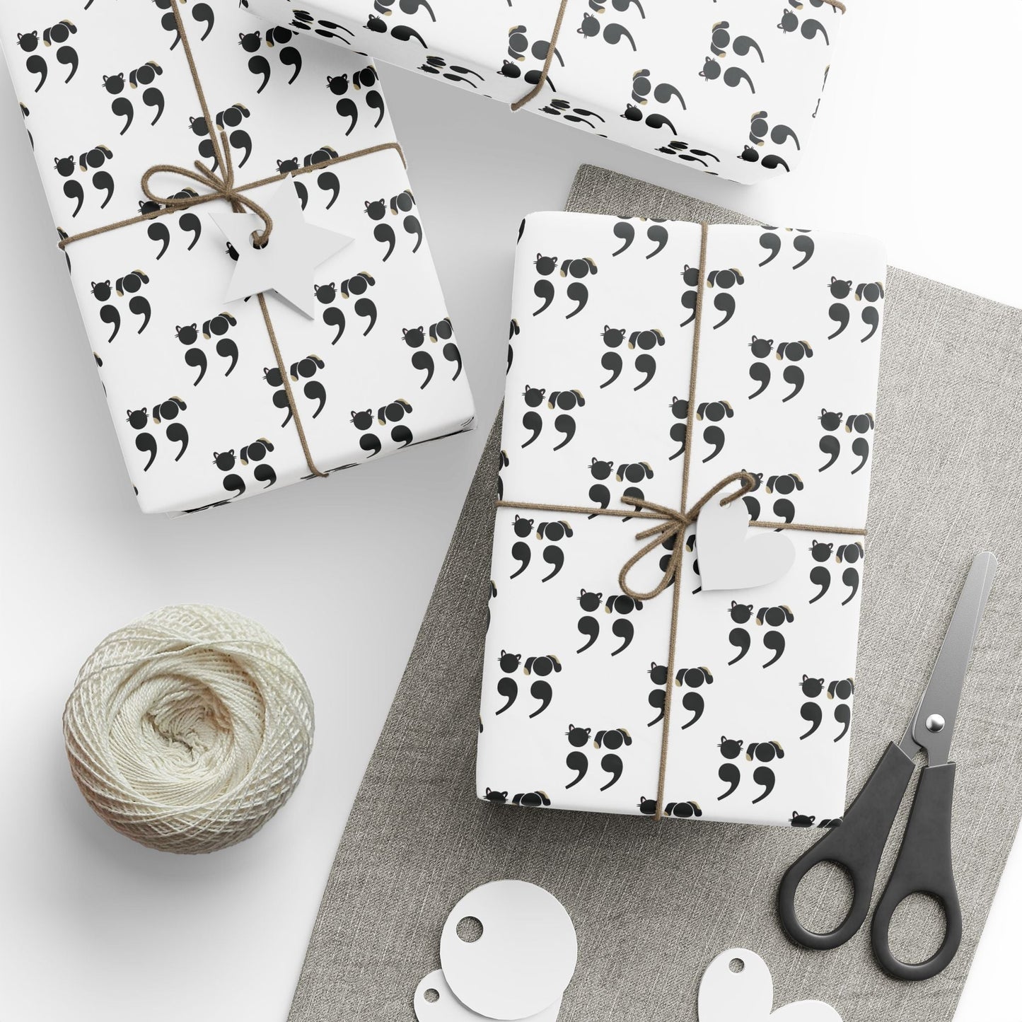 Funny dog and cat pattern gift wrap for grammar lovers, featuring a black and white semicolon pet design | variation