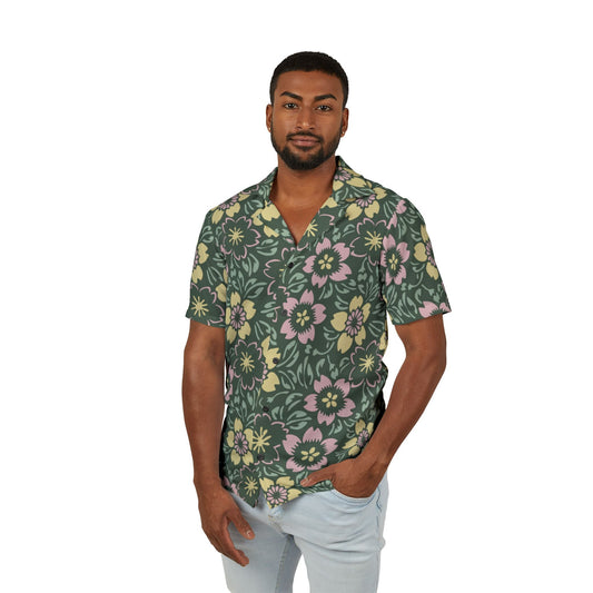 All Over Prints Floral Camp Shirt | Retro Hawaiian Button-Down with Light Pink & Green Print