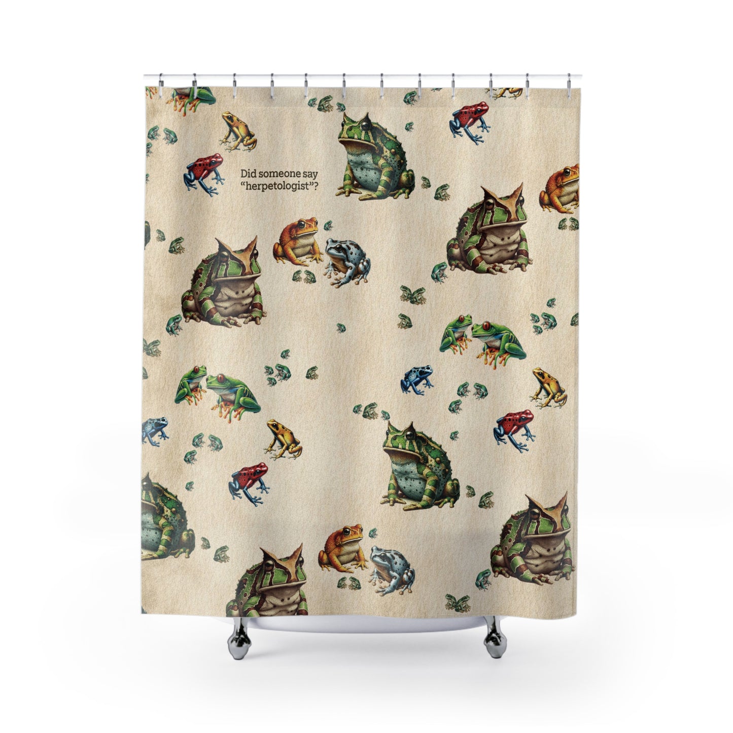 Frog Shower Curtain | “Did Someone Say Herpetologist?” | Nerdy Bathroom Decor