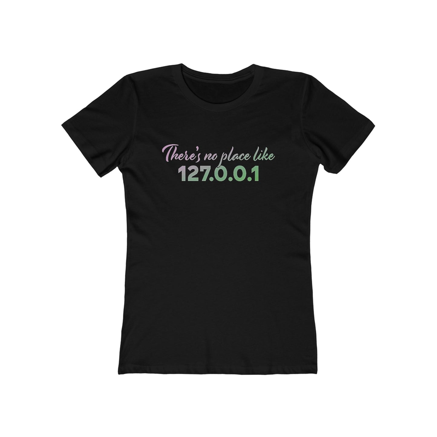 Women’s slim fit t-shirt with “127.0.0.1” localhost design, funny tech shirt for female coders and developers | closeup