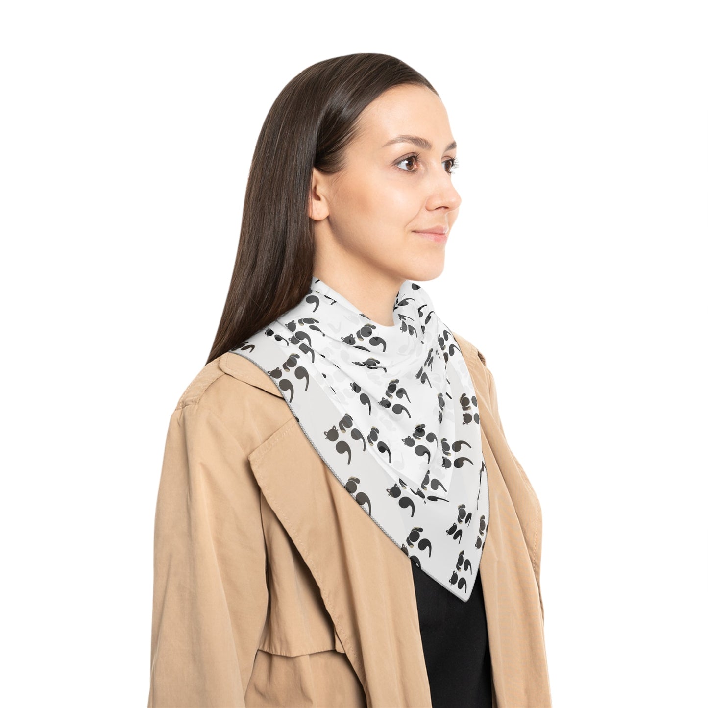 Black and white scarf featuring semicolon-style dog and cat faces in a minimalist repeating pattern – perfect for grammar nerds and pet lovers | model1