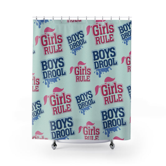 Home Decor Girls Rule, Boys Drool — Fabric Shower Curtain — Quick-Dry Polyester, Standard 71×74 in, Retro Polkadot Pattern