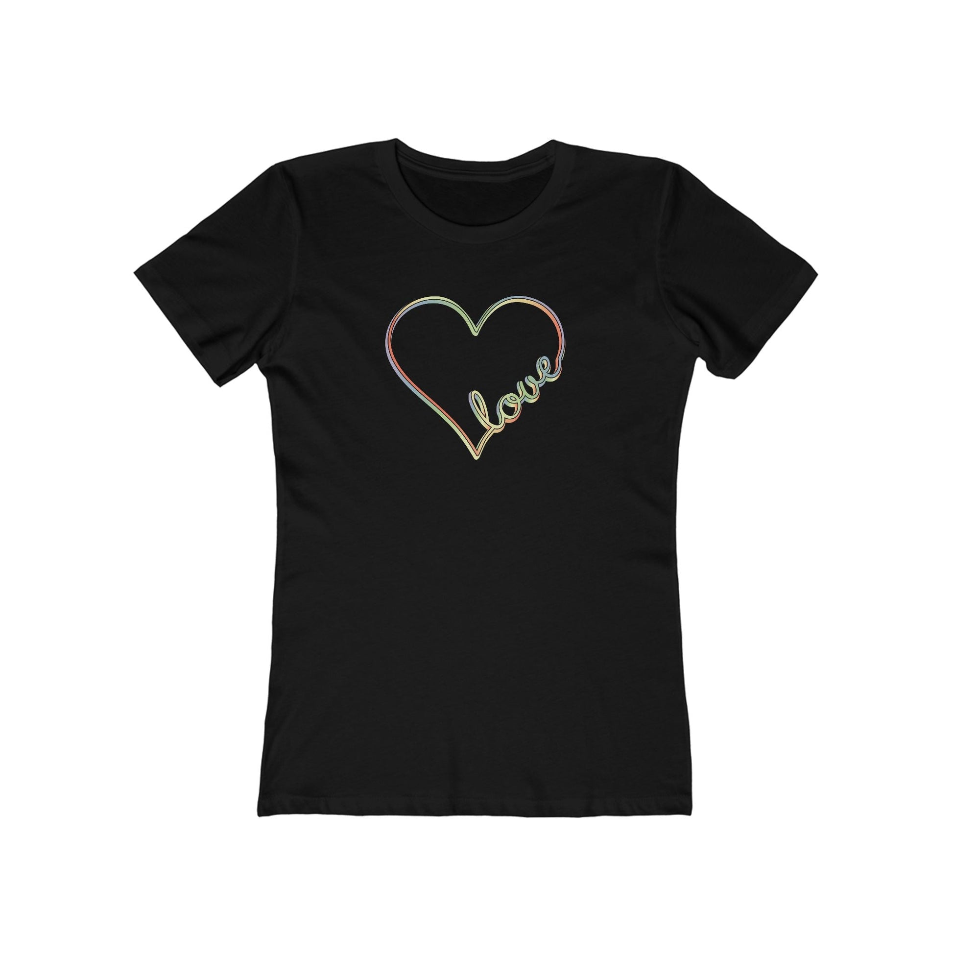 Women’s pastel heart shirt with rainbow love script in slim fit, cute aesthetic valentine’s tee | variant
