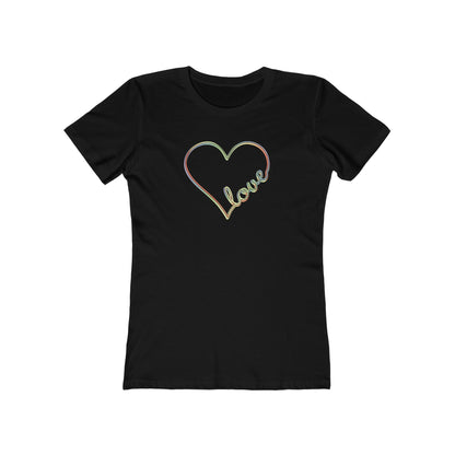 Women’s pastel heart shirt with rainbow love script in slim fit, cute aesthetic valentine’s tee | variant
