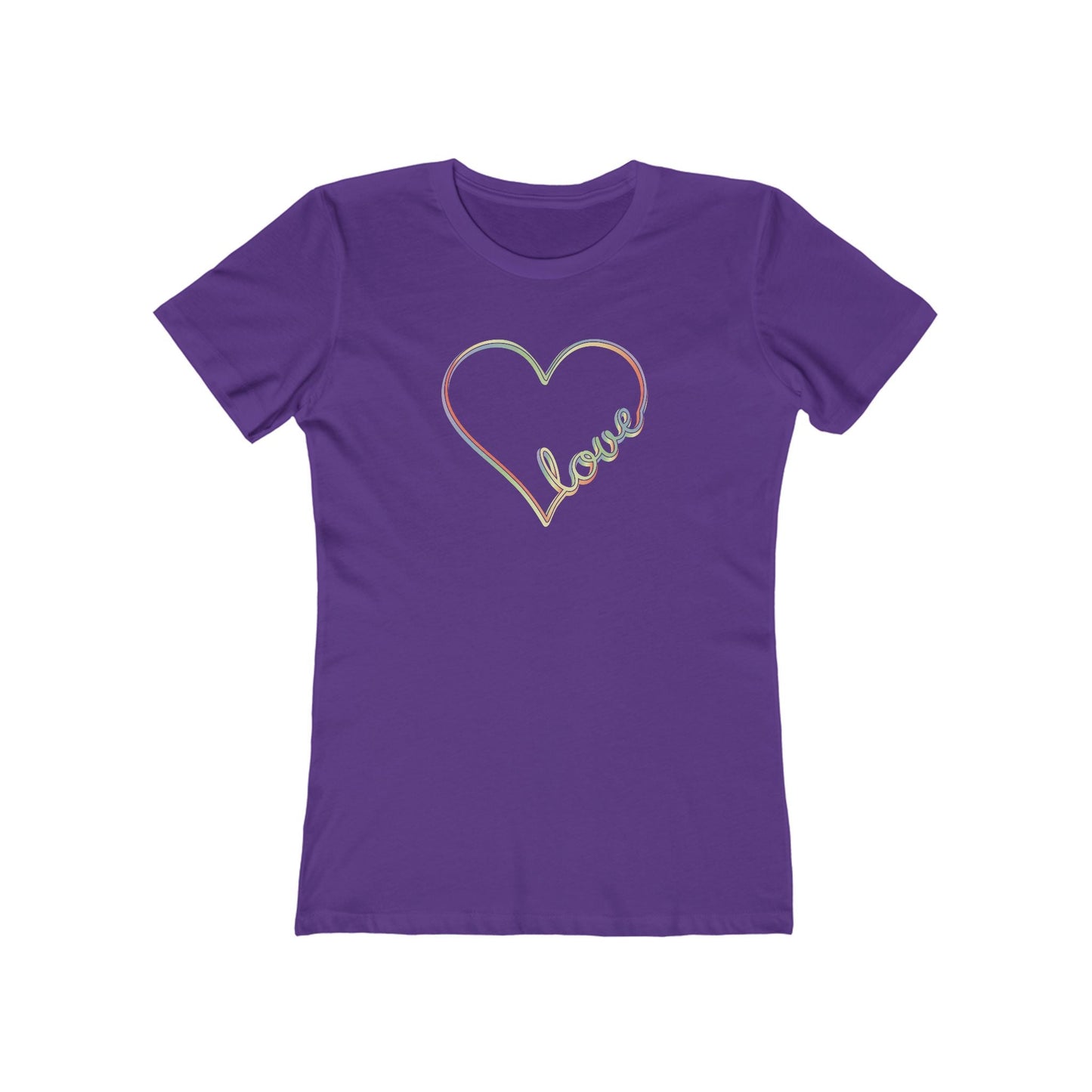 Women’s pastel heart shirt with rainbow love script in slim fit, cute aesthetic valentine’s tee | variant