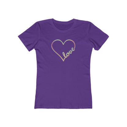 Women’s pastel heart shirt with rainbow love script in slim fit, cute aesthetic valentine’s tee | variant