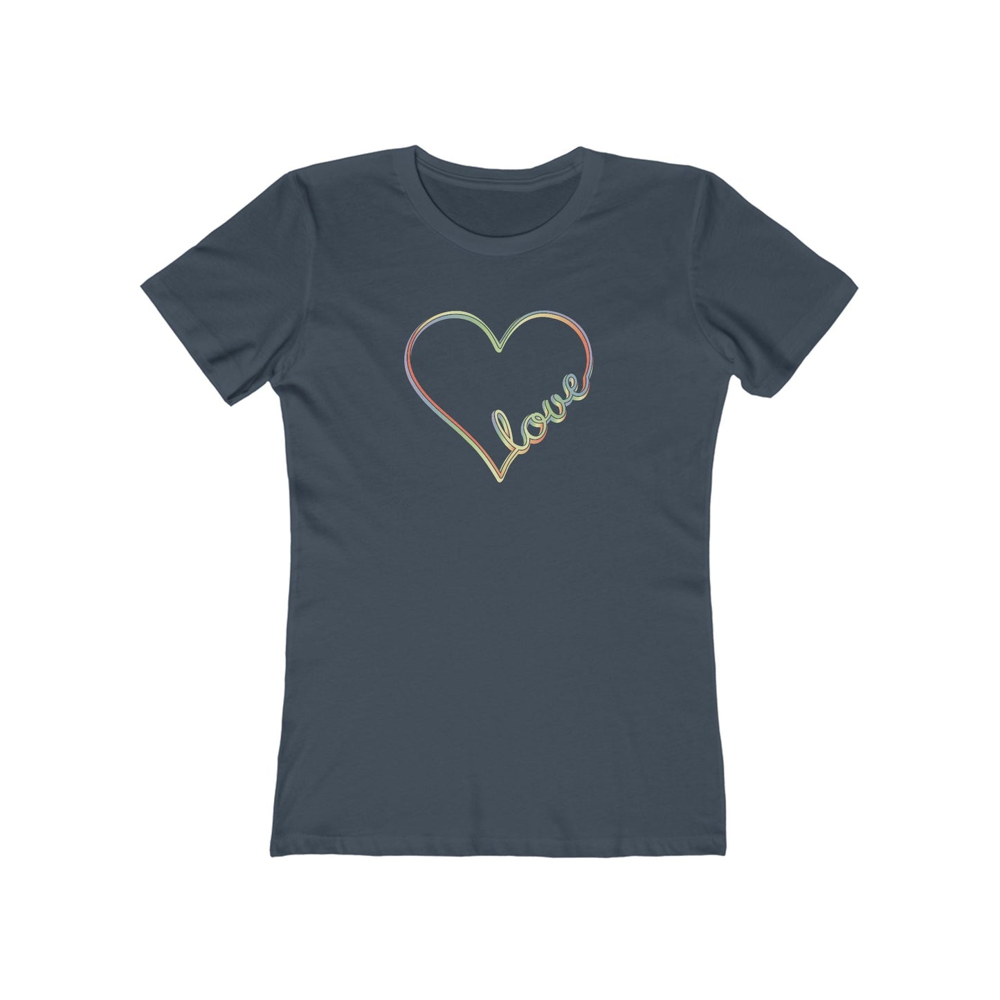 Women’s pastel heart shirt with rainbow love script in slim fit, cute aesthetic valentine’s tee | variant