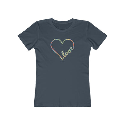 Women’s pastel heart shirt with rainbow love script in slim fit, cute aesthetic valentine’s tee | variant