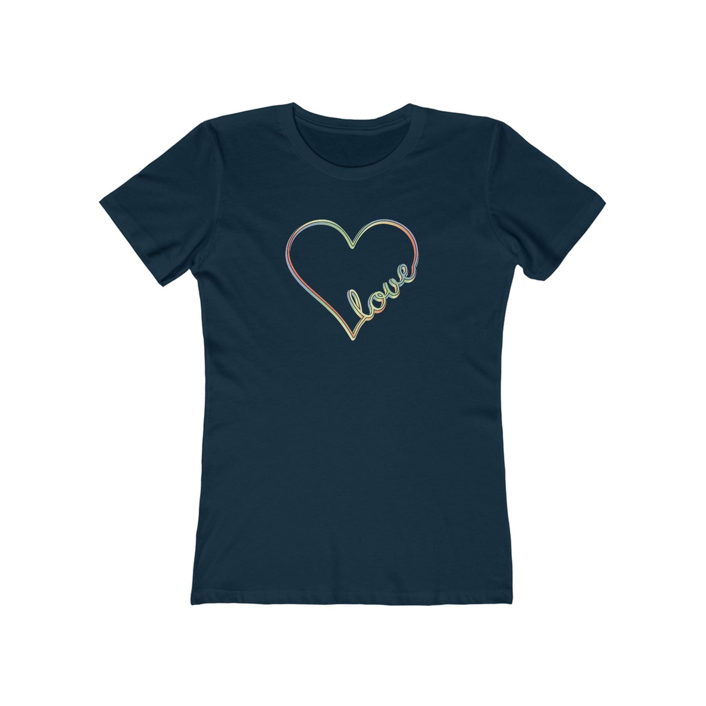 Women’s pastel heart shirt with rainbow love script in slim fit, cute aesthetic valentine’s tee | variant