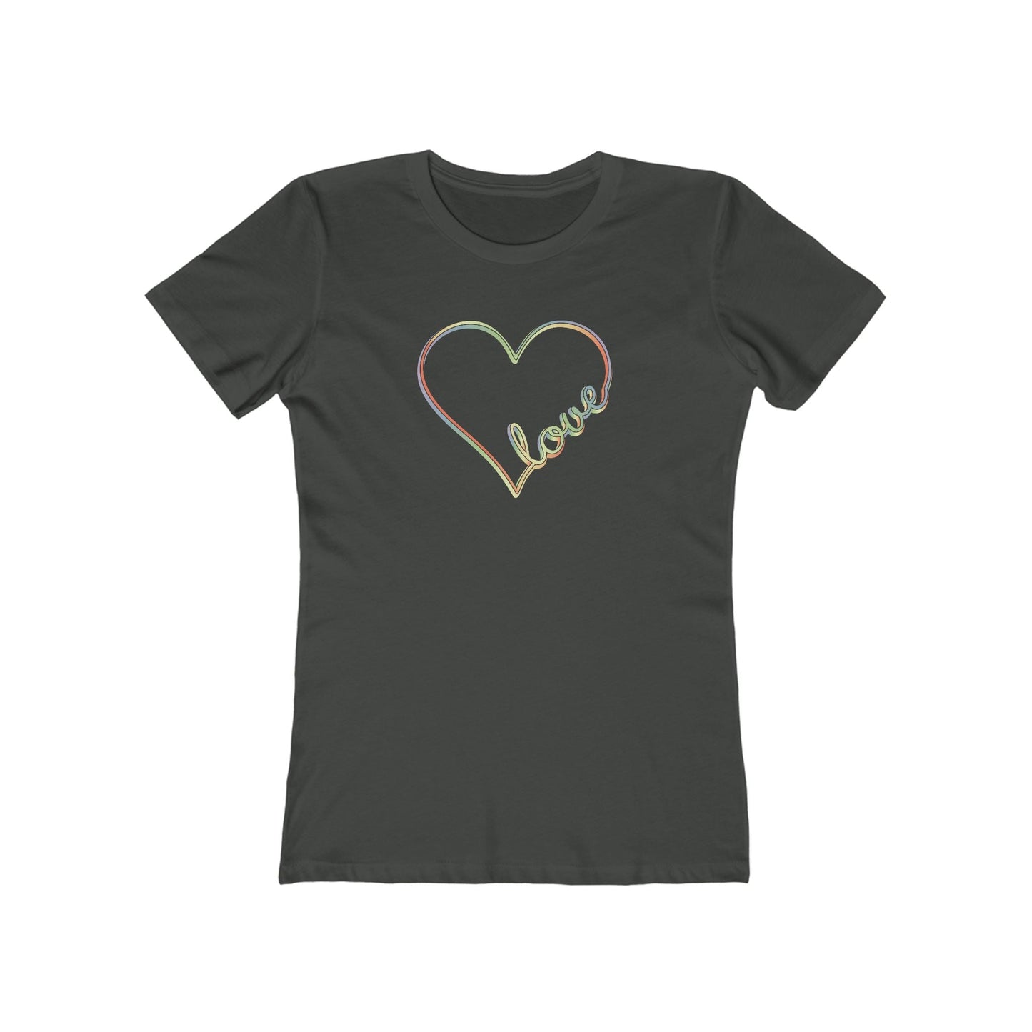 Women’s pastel heart shirt with rainbow love script in slim fit, cute aesthetic valentine’s tee | variant