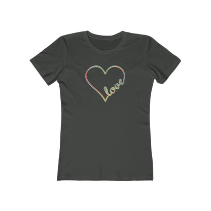 Women’s pastel heart shirt with rainbow love script in slim fit, cute aesthetic valentine’s tee | variant