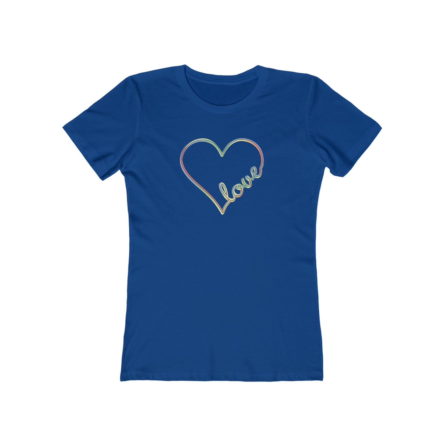 Women’s pastel heart shirt with rainbow love script in slim fit, cute aesthetic valentine’s tee | variant
