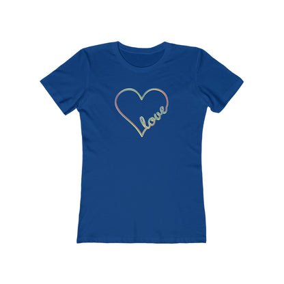 Women’s pastel heart shirt with rainbow love script in slim fit, cute aesthetic valentine’s tee | variant