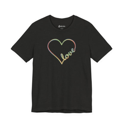 Unisex pastel heart t-shirt with rainbow love script in soft jersey fit, minimalist pride design | variant
