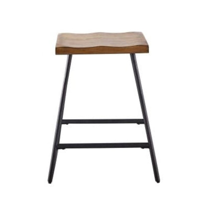 Furniture Set of 2 Backless Wood Counter Stools – 25” Seat Height, Black Metal Legs, Rustic Brown Finish