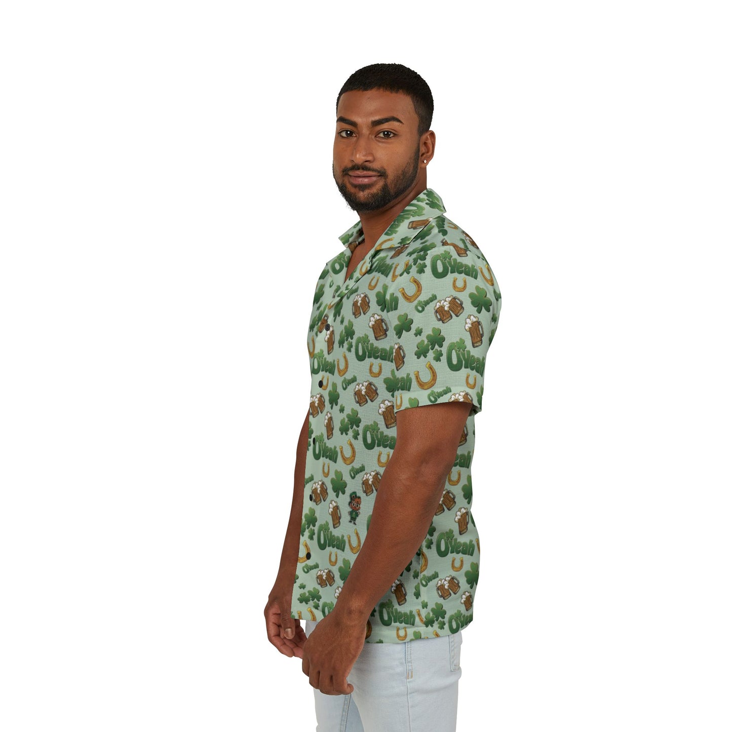 Find the Nerdy Leprechaun Hawaiian Shirt | Interactive St. Patrick’s Day Button-Up | Shamrocks & Frothy Beer Print