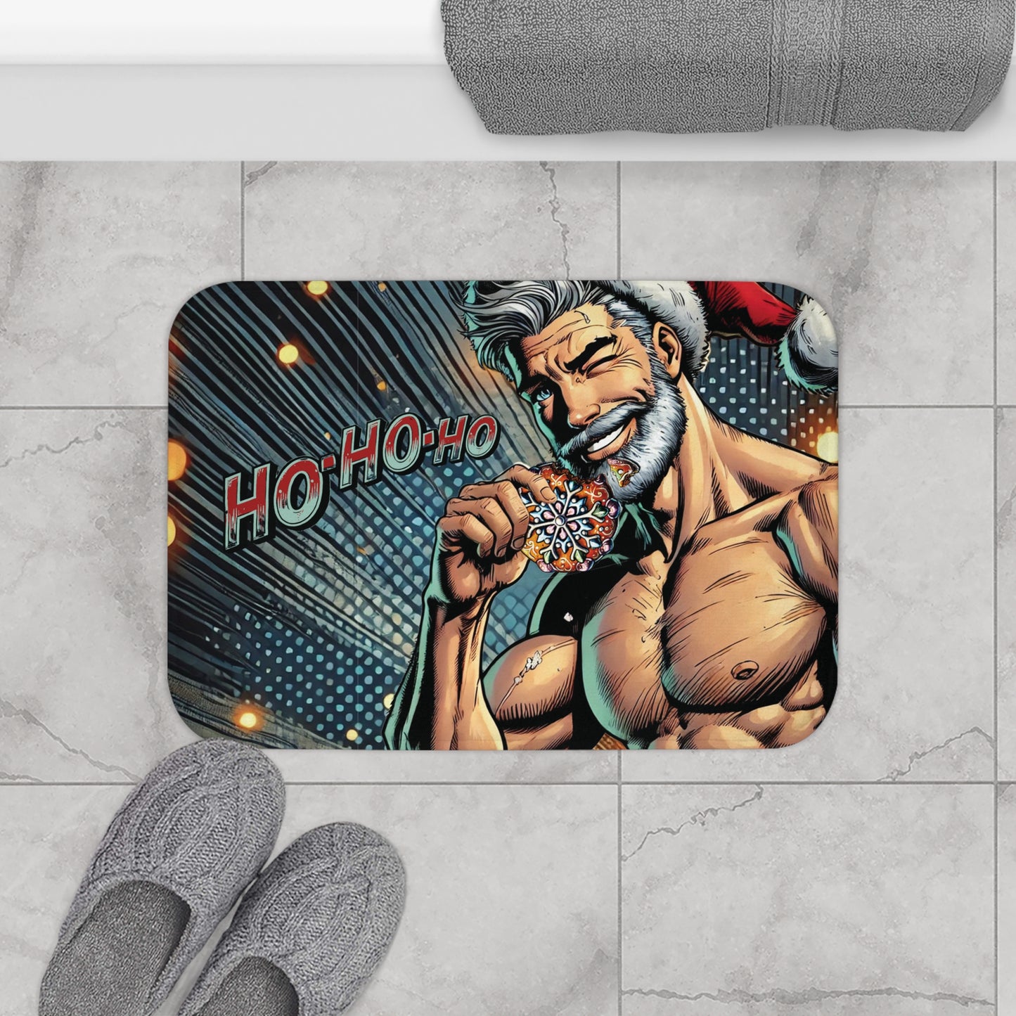 Ho-Ho-Ho! Naughty Santa Claus Bath Mat | Sexy Cookie Eater Holiday Bathroom Decor