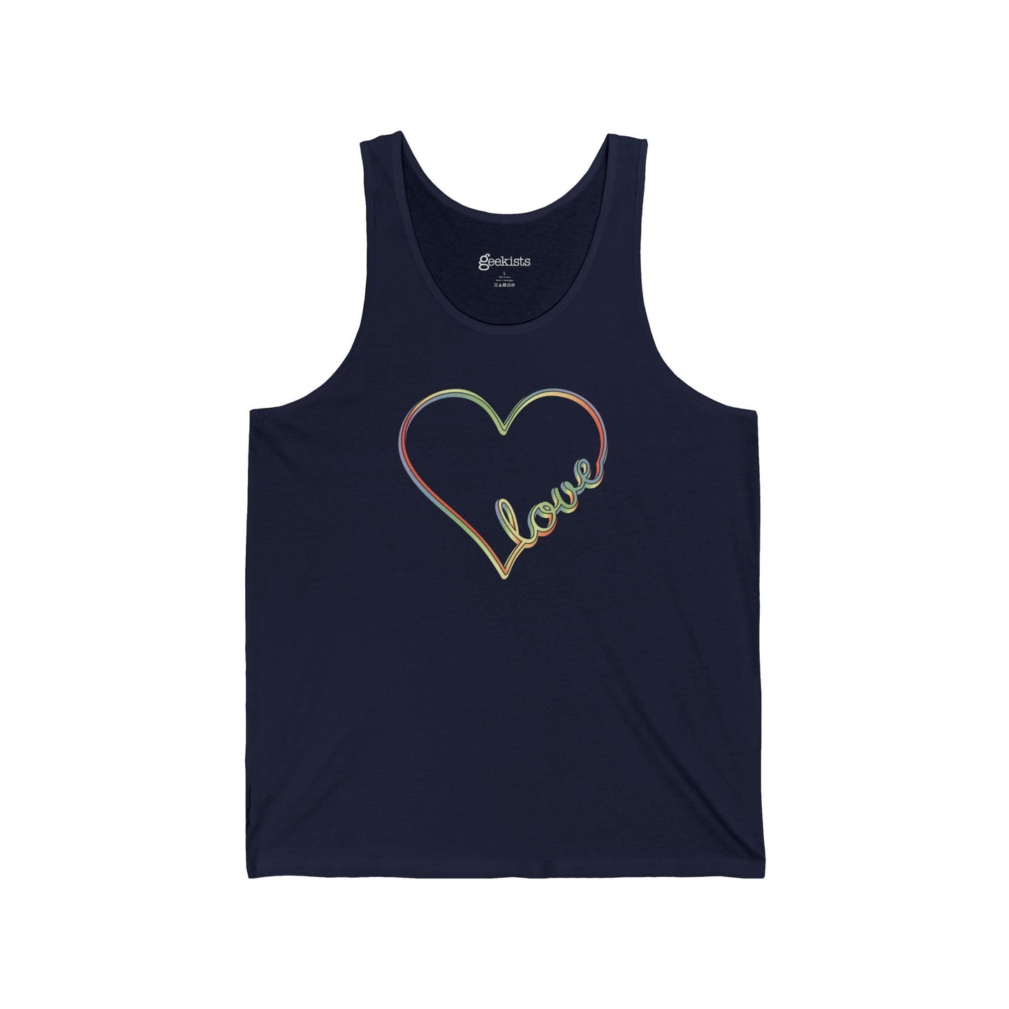Unisex pastel heart tank top with rainbow love script, sleeveless aesthetic pride tee | variant