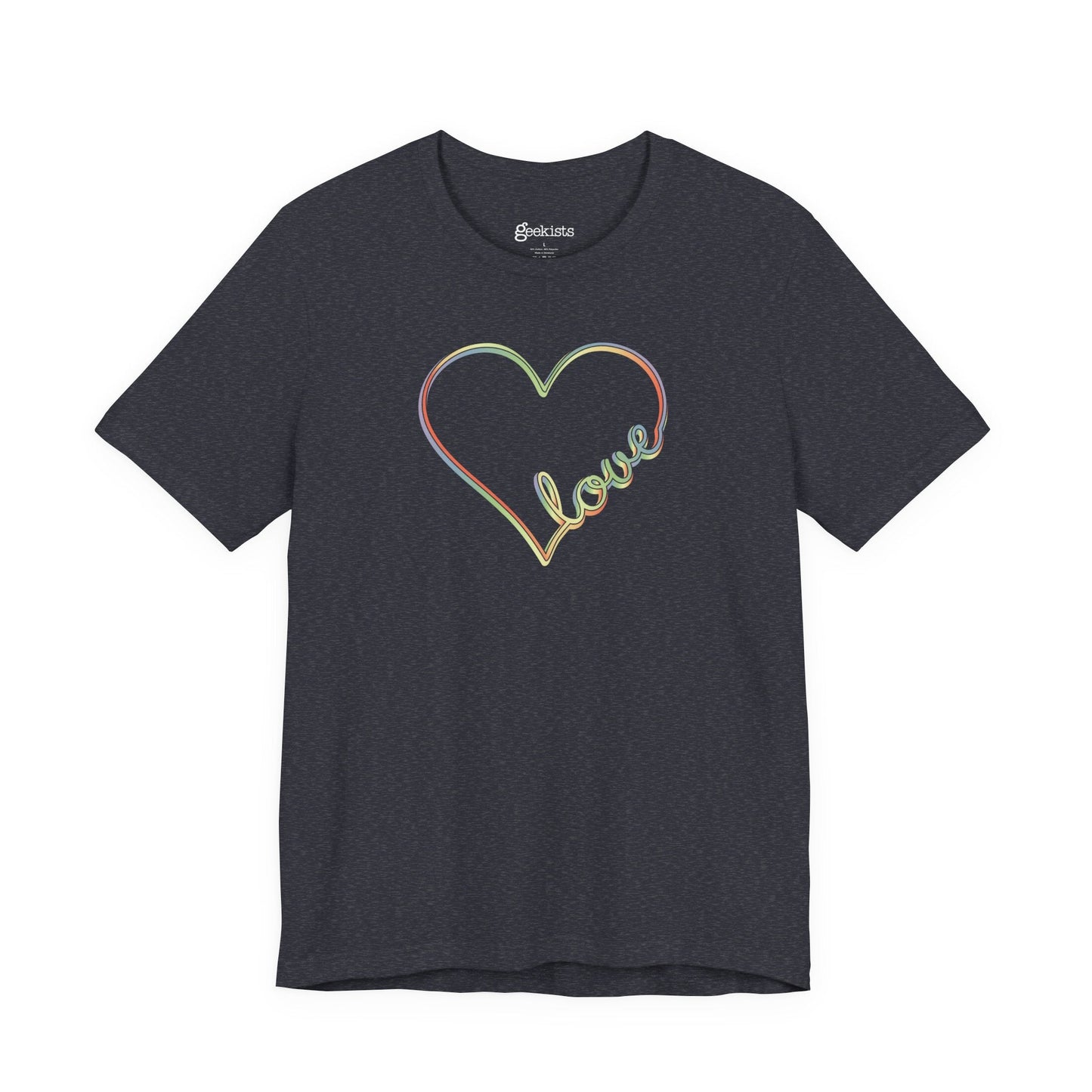 Unisex pastel heart t-shirt with rainbow love script in soft jersey fit, minimalist pride design | variant