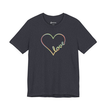 Unisex pastel heart t-shirt with rainbow love script in soft jersey fit, minimalist pride design | variant