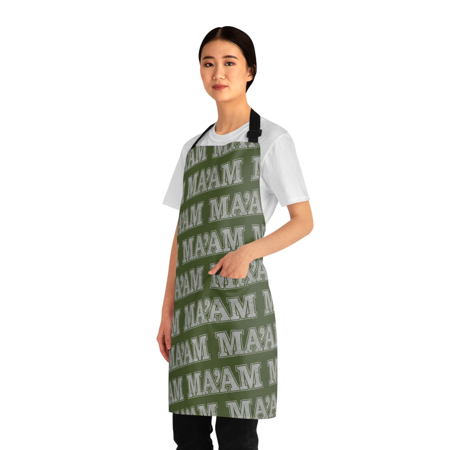 All Over Prints Ma'am Alpha Female Military Nerd Apron | Army Green Distressed Pattern | Commanding Kitchen Gear for Alpha Personalities