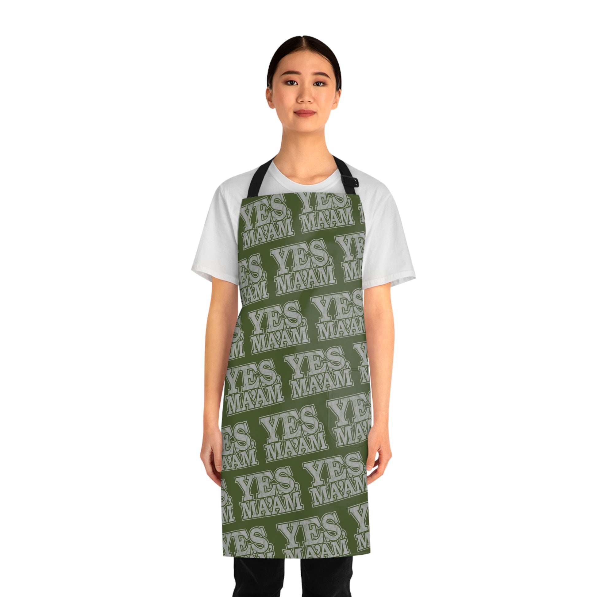 All Over Prints Yes Ma’am Alpha Female Military Nerd Apron | Army Green Distressed Pattern | Empowering Kitchen Gear for Alpha Women