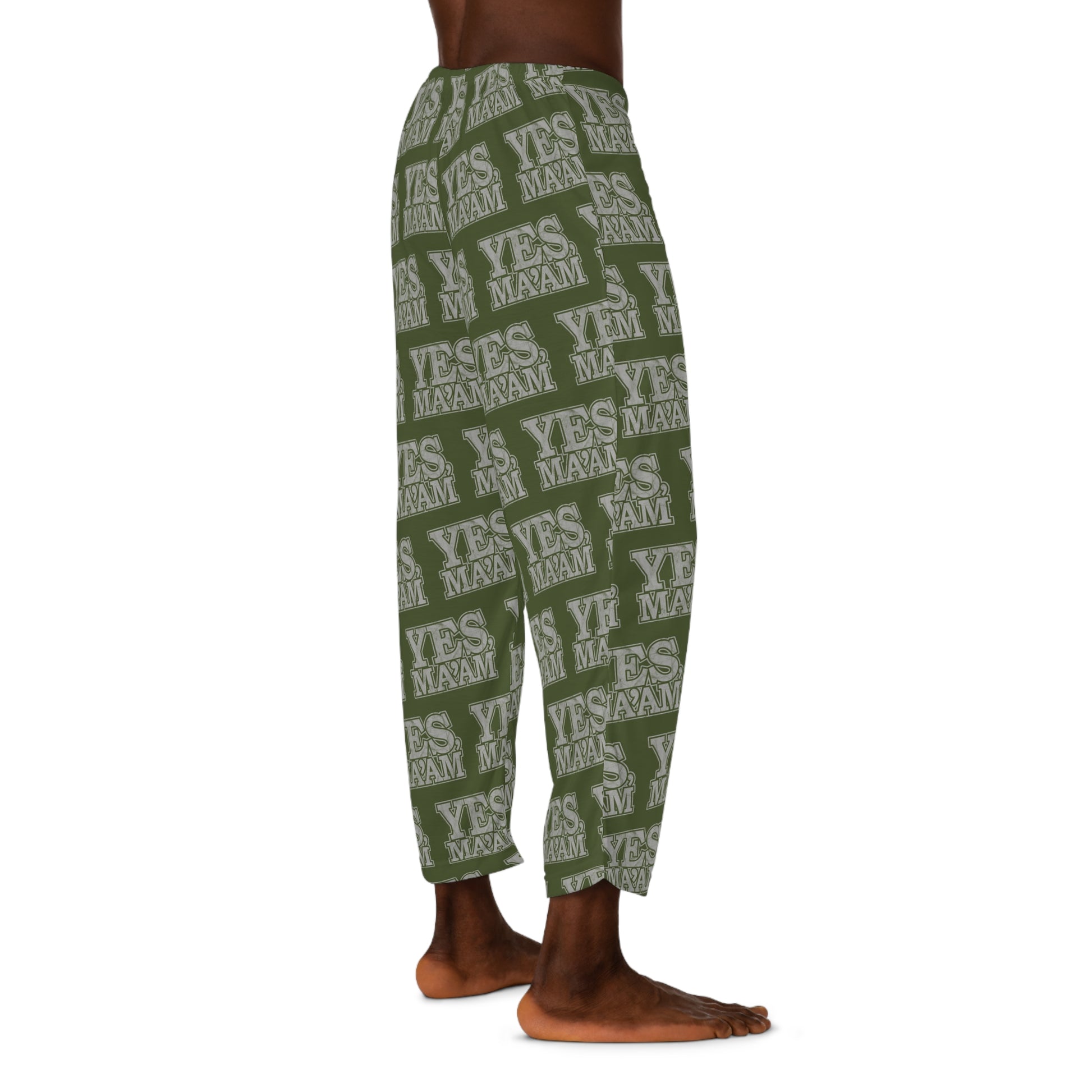 All Over Prints Yes Ma’am! Alpha Female Military Nerd Men's Pajama Bottoms | Army Green Distressed Pattern | Bold Sleepwear for Commanding Comfort