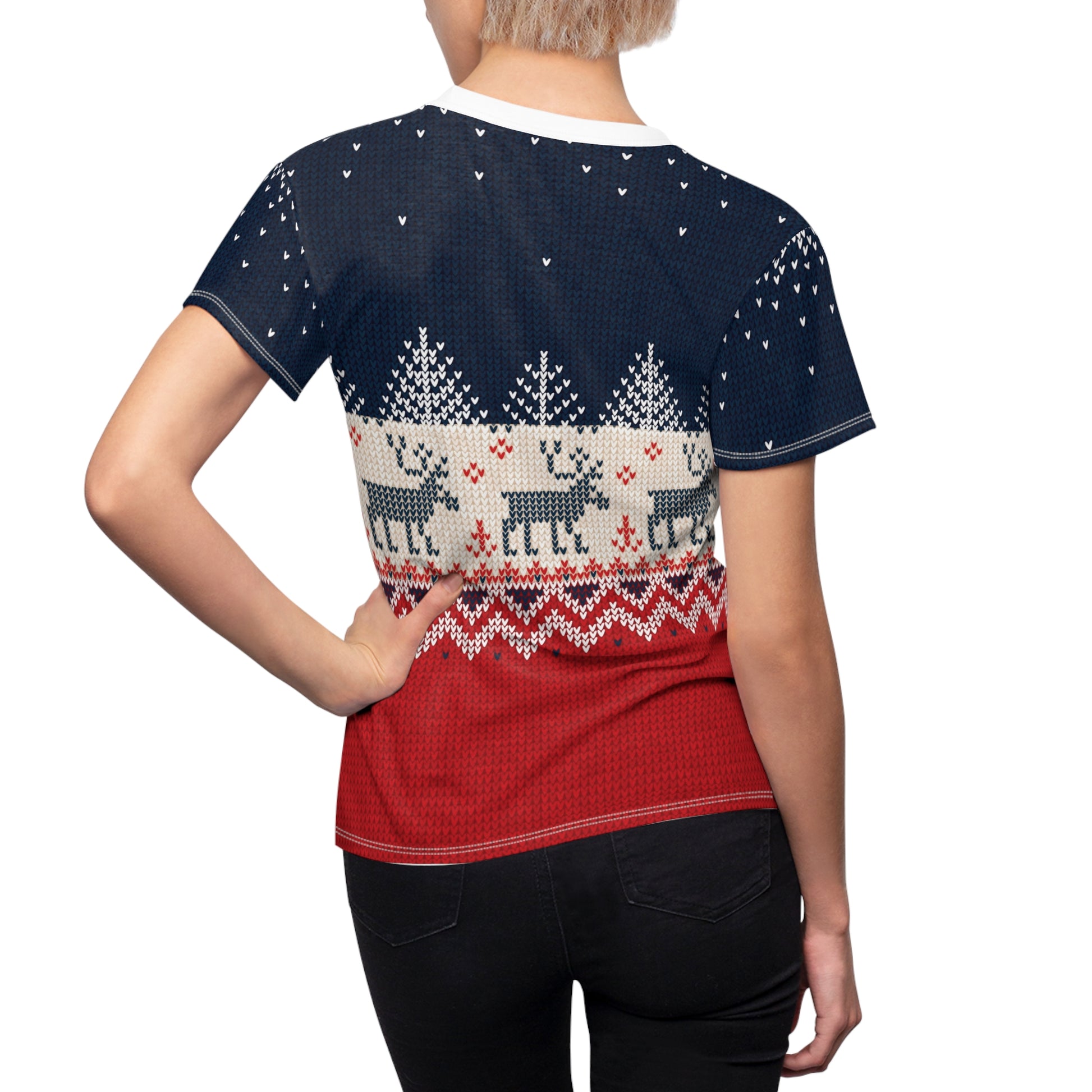 All Over Prints Ugly Reindeer Sweater All-Over Print Women's Tee | Fun Knit-Effect Witty Holiday Shirt