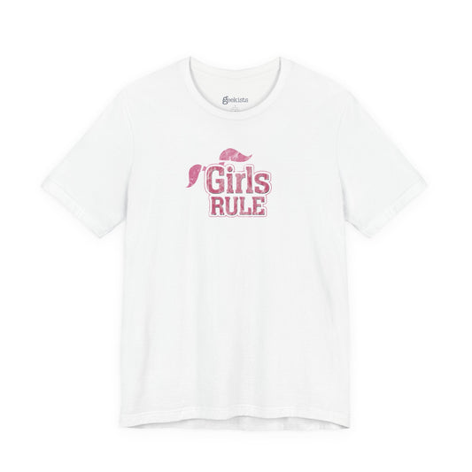 T-Shirt Girls Rule — Short Sleeve Jersey Tee — Unisex Lightweight Crewneck T-Shirt, Retro Distressed, for Couples (Funny Girls Rule, Boys Drool)