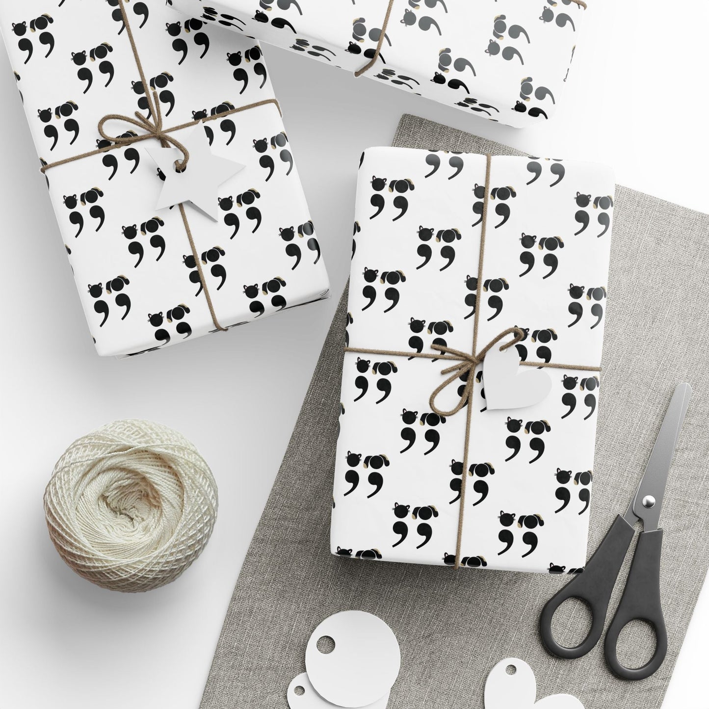 Funny dog and cat pattern gift wrap for grammar lovers, featuring a black and white semicolon pet design | variation