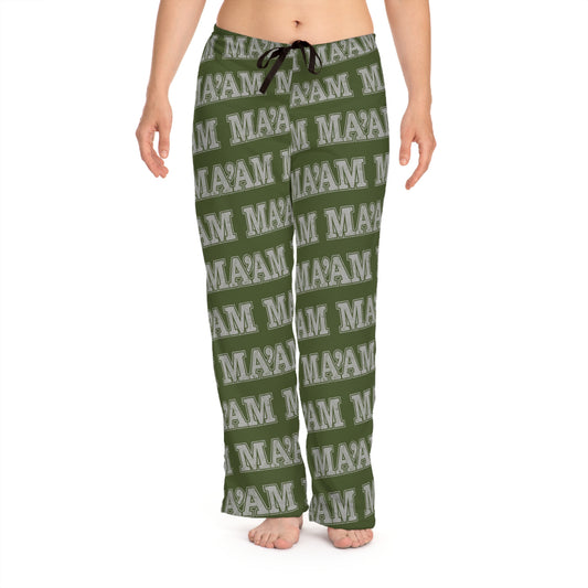 2XL-White-stitching All Over Prints Ma’am Alpha Female Military Nerd Women's Pajama Bottoms | Distressed Army Green Pattern | Bold Sleepwear for Alpha Women