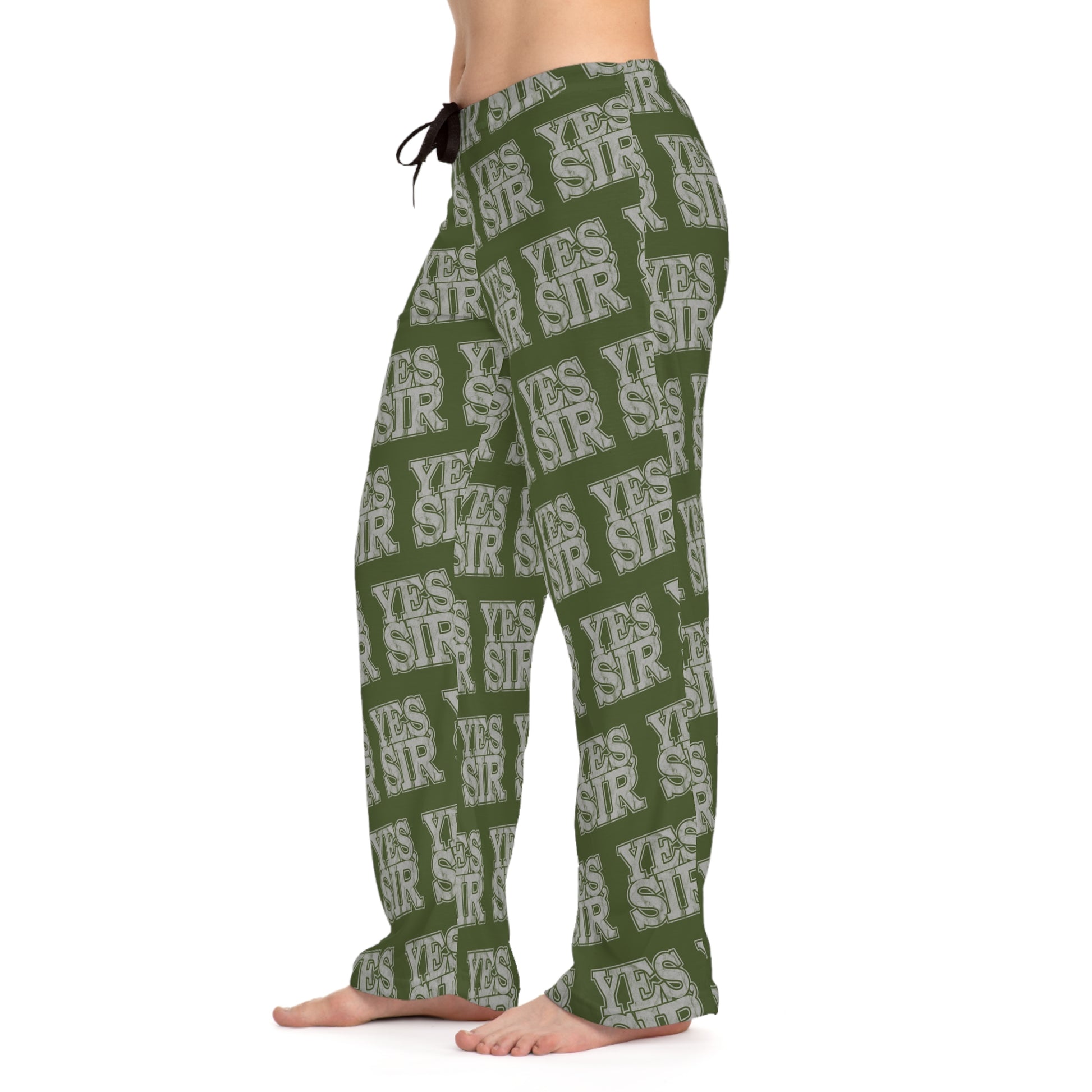 All Over Prints Yes Sir! Alpha Guy Military Nerd Women's Pajama Bottoms | Army Green Distressed Pattern | Bold Sleepwear for Commanding Comfort