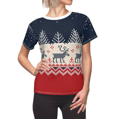 All Over Prints Ugly Reindeer Sweater All-Over Print Women's Tee | Fun Knit-Effect Witty Holiday Shirt