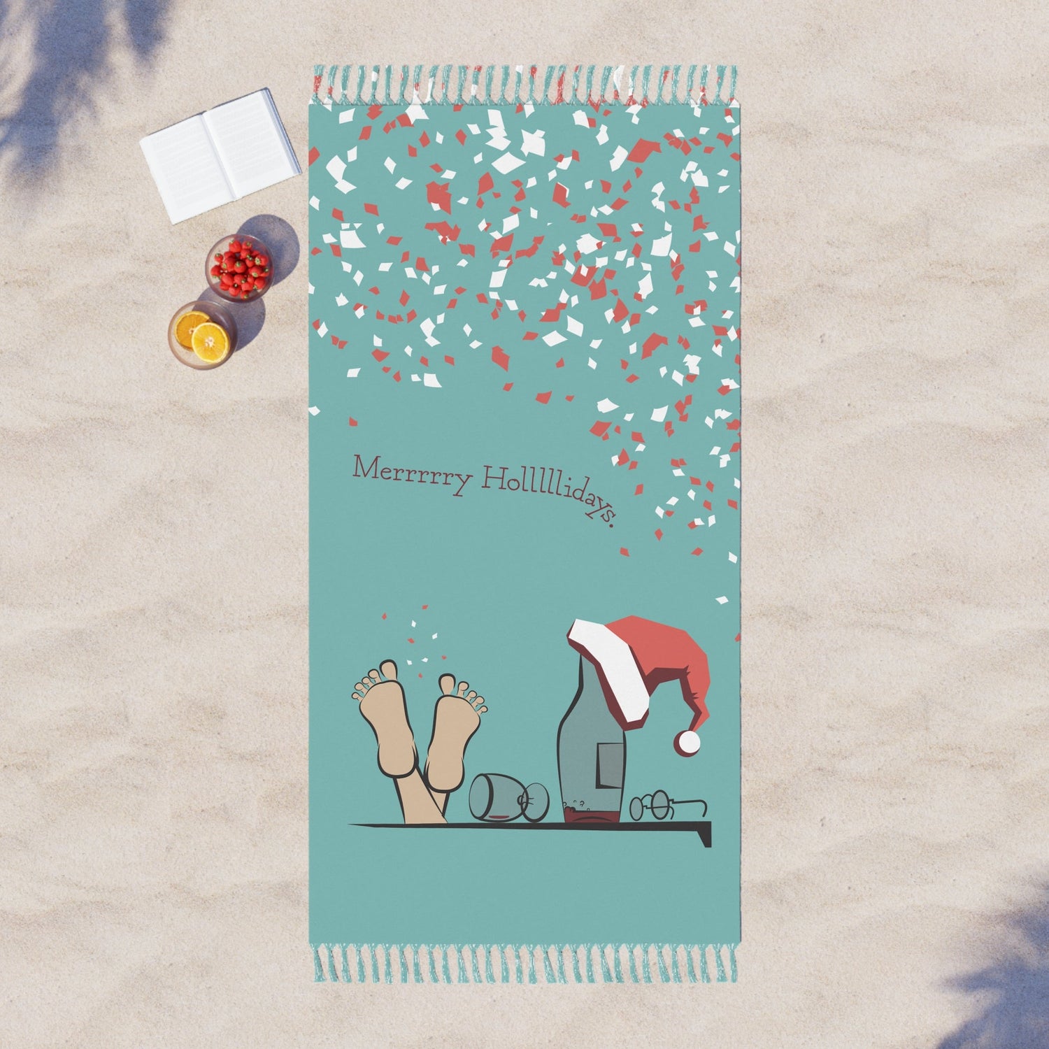 38-81-Polyester Home Stuff > Outdoor Living > Boho Beach Blanket Merry Holidays Drunk Santa Beach Blanket | Funny Christmas in July Blanket