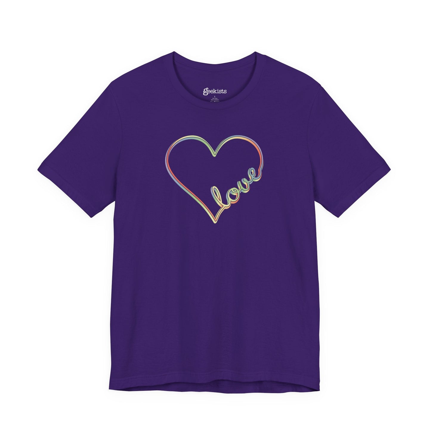 Unisex pastel heart t-shirt with rainbow love script in soft jersey fit, minimalist pride design | variant