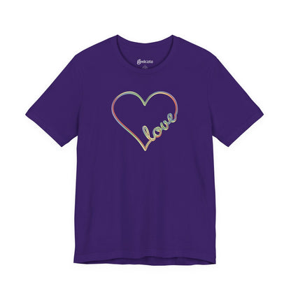 Unisex pastel heart t-shirt with rainbow love script in soft jersey fit, minimalist pride design | variant