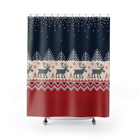 Ugly Reindeer Sweater Shower Curtain | Festive Bathroom Decor | Funny Holiday Design