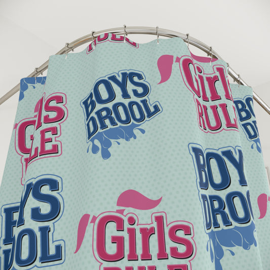 Girls Rule, Boys Drool — Fabric Shower Curtain — Quick-Dry Polyester, Standard 71×74 in, Retro Polkadot Pattern