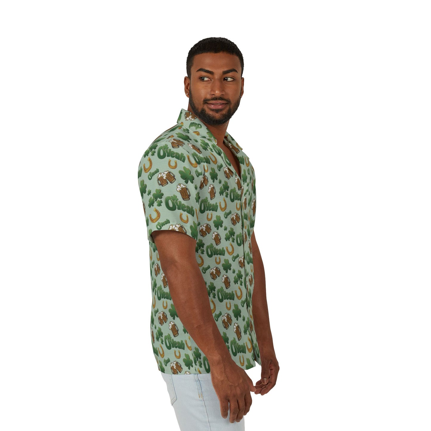 Find the Nerdy Leprechaun Hawaiian Shirt | Interactive St. Patrick’s Day Button-Up | Shamrocks & Frothy Beer Print